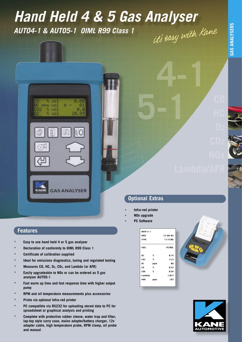 4 & 5 GAS: Auto 4-1 & 5-1 Hand Held Analyser OIML Class 1 - Kane International