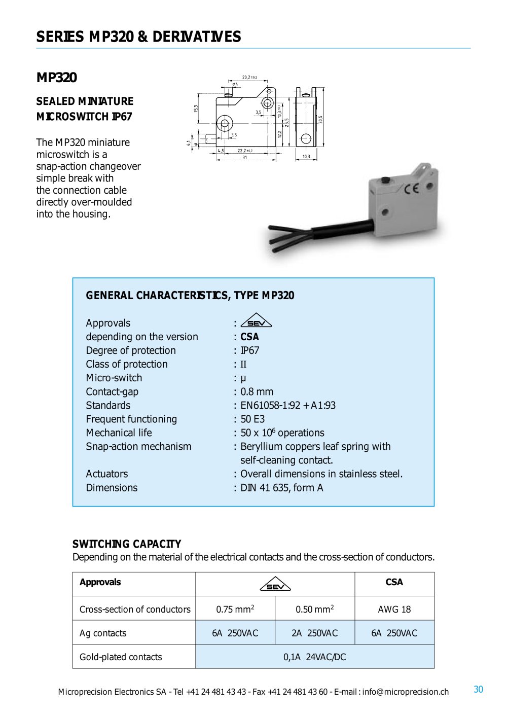 MINIATURES MICROSWITCHES  OVERMOULED CABLES MP320 - Microprecision Electronics
