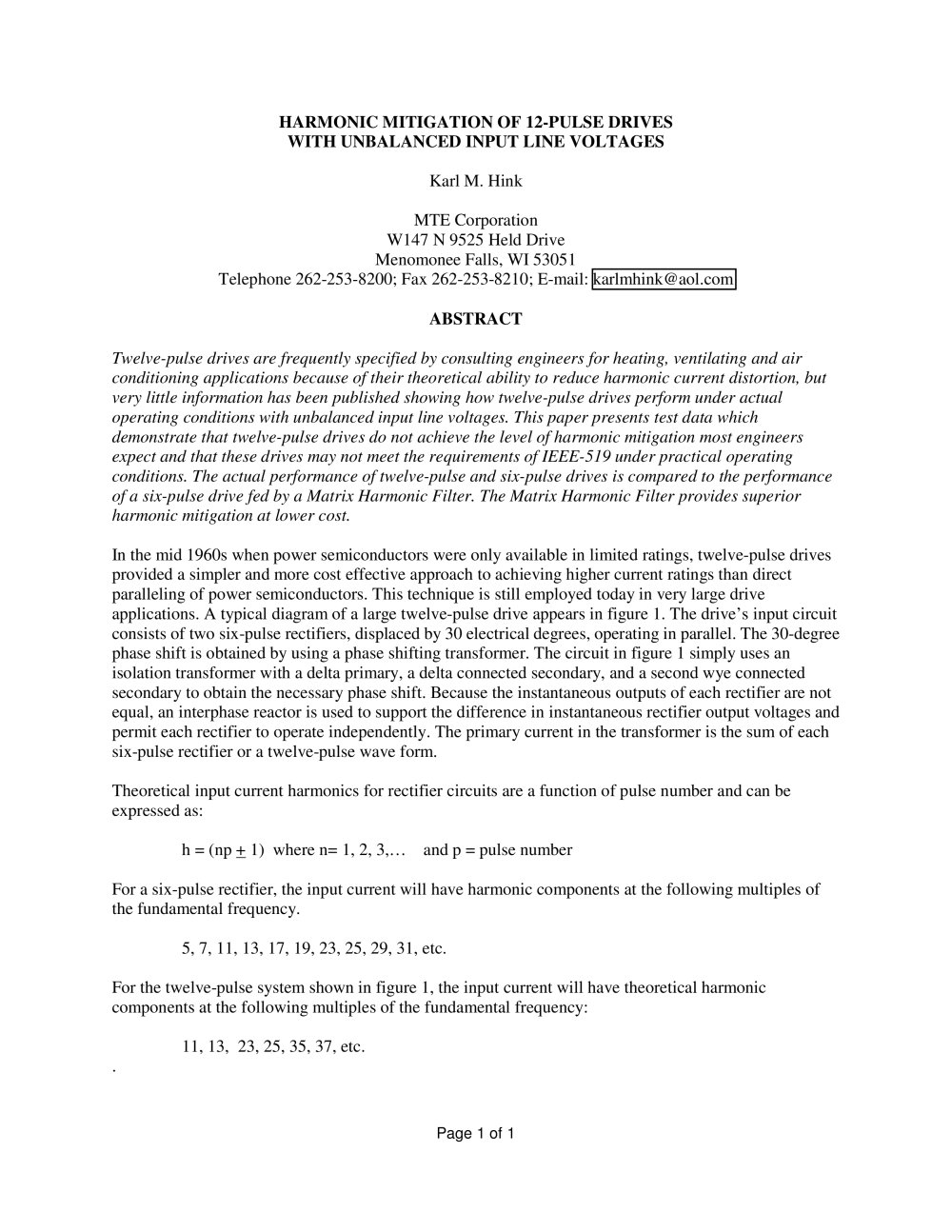 Harmonic Mitigation of 12-Pulse Drives with Unbalanced Input Line Voltages - MTE