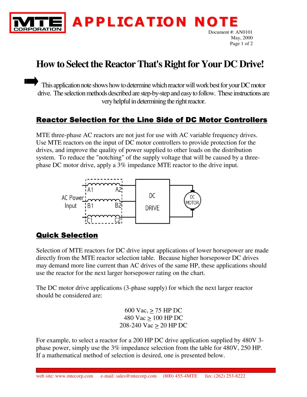 Reactor Selection for the Line Side of DC Motor Controllers - MTE