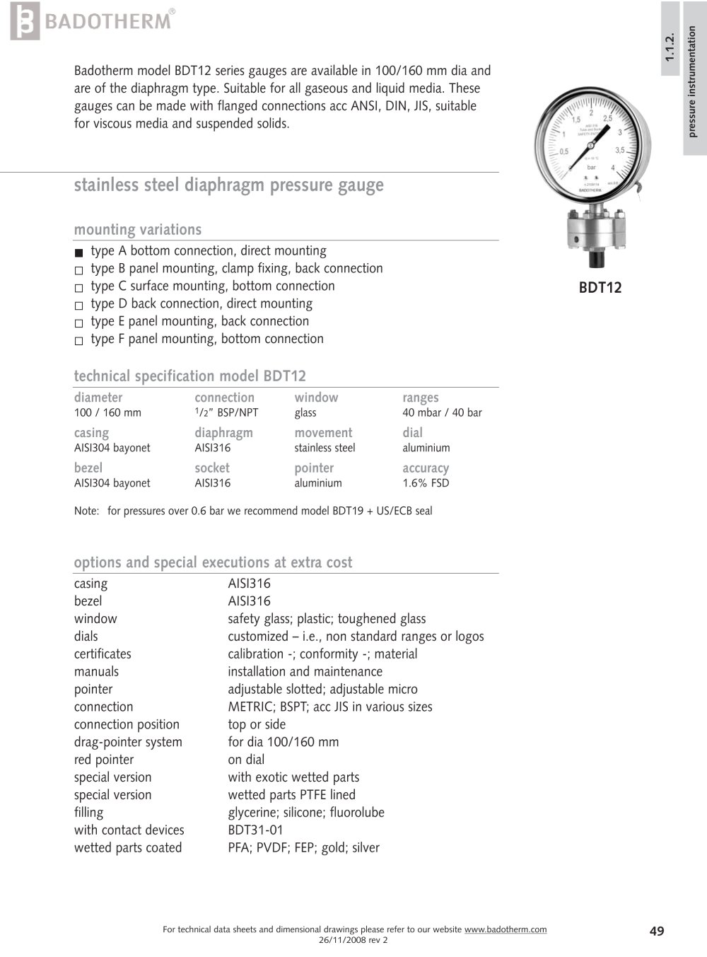 BDT12 - All stainless steel diaphragm pressure gauge - Badotherm Group
