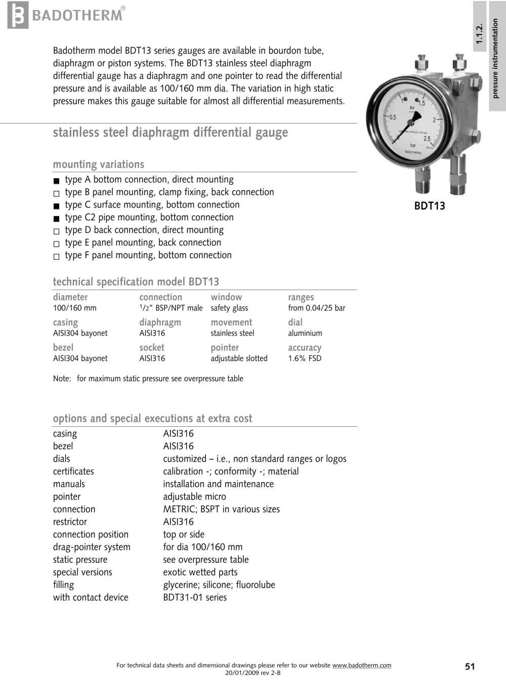 BDT13 - diaphragm differential pressure gauge - Badotherm Group