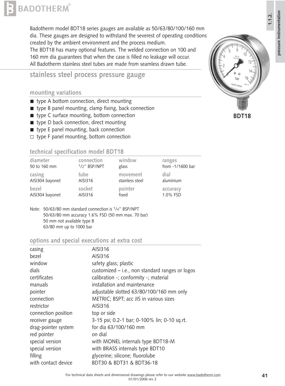 BDT18 - All stainless steel pressure gauge - Badotherm Group