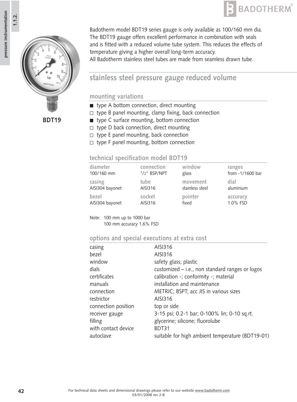 BDT19 - All stainless steel reduced volume pressure gauge - Badotherm Group