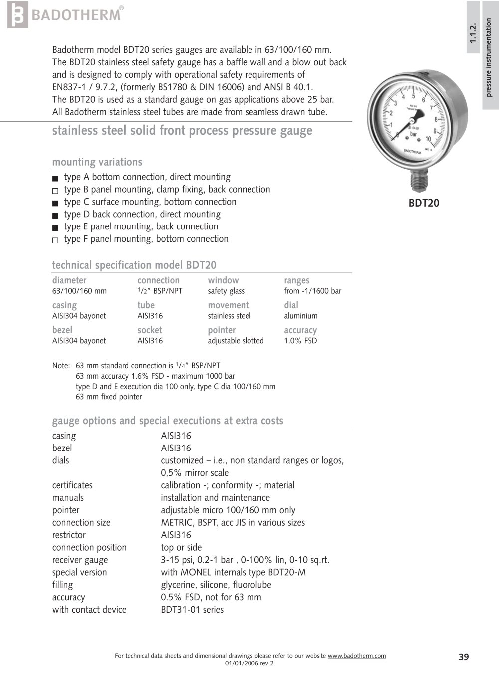BDT20 - All stainless steel solid front pressure gauge - Badotherm Group