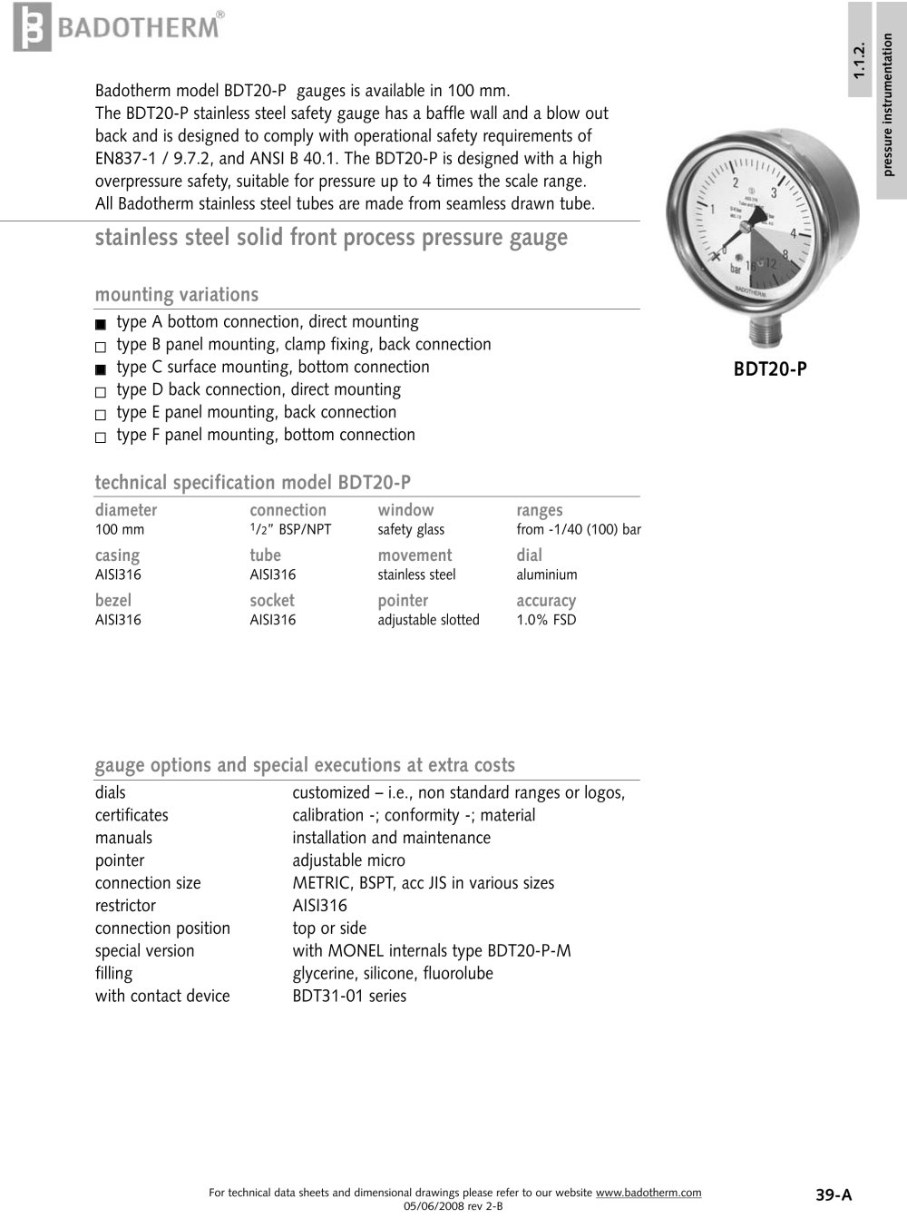 BDT20-P - Overpressure protected stainless steel solid front gauge - Badotherm Group