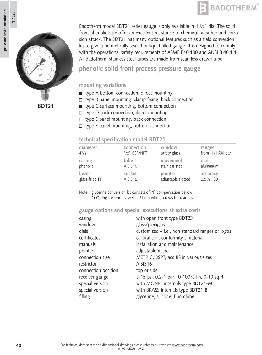 BDT21 - Phenolic solid front pressure gauge - Badotherm Group