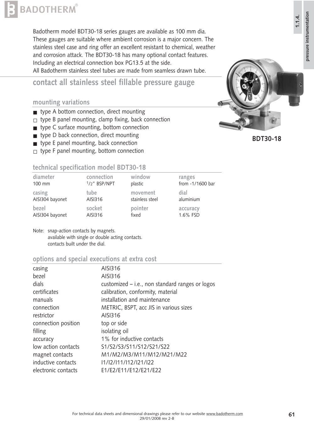 BDT30-18 - All stainless steel fillable contact gauge - Badotherm Group