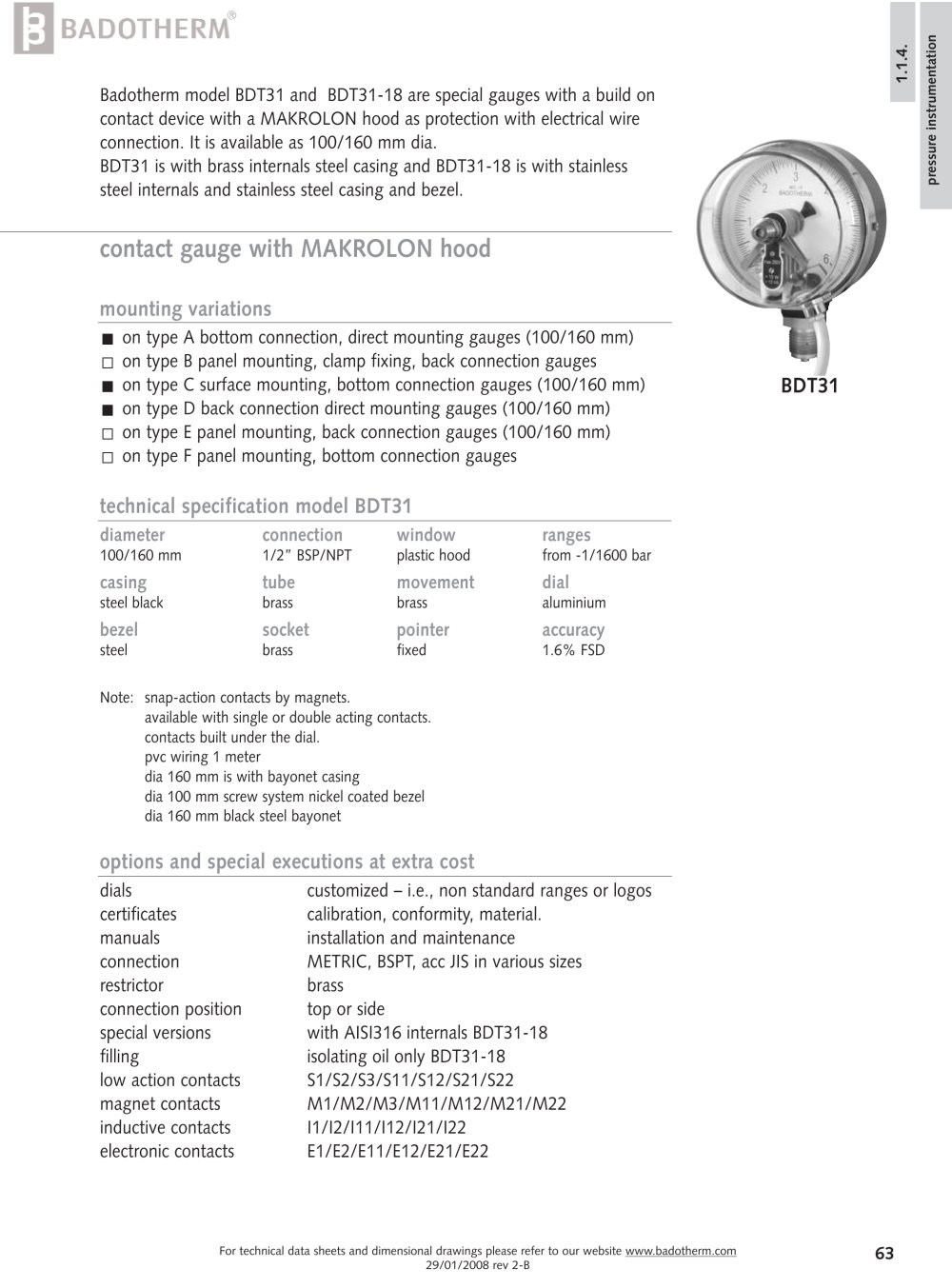 BDT31 - Contact pressure gauge with Makrolon hood - Badotherm Group