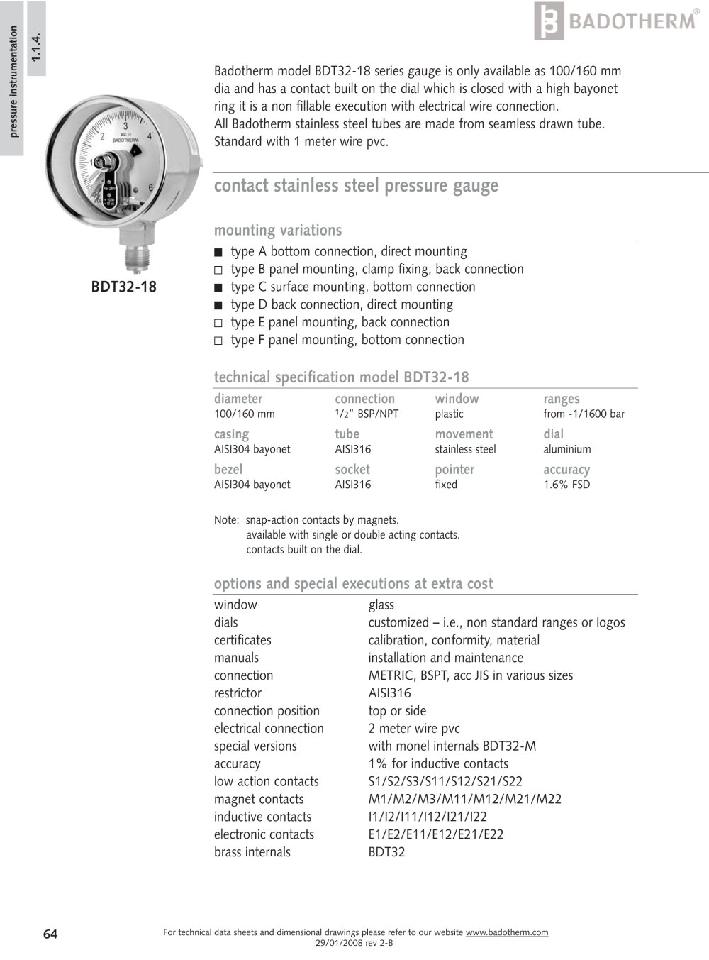 BDT32-18 - All stainless steel gauge with build in contact - Badotherm Group