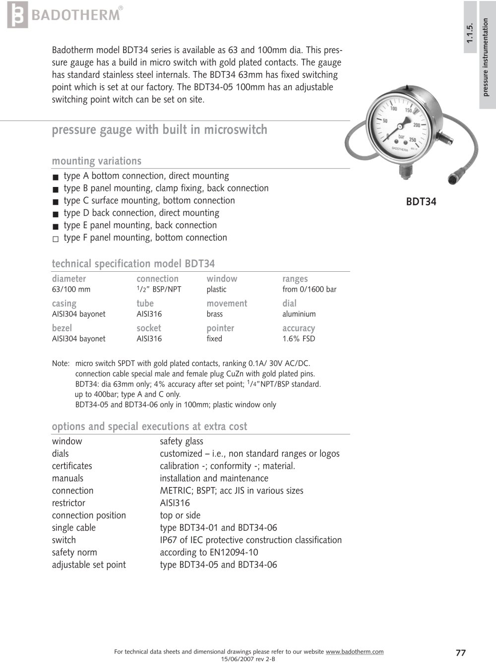 BDT34 - pressure gauge with built in microswitch - Badotherm Group