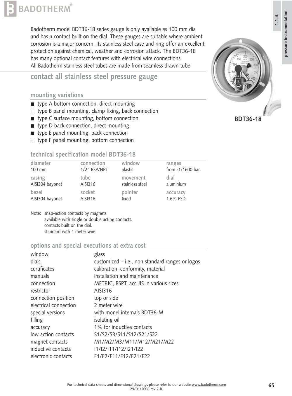 BDT36-18 - All stainless steel contact pressure gauge - Badotherm Group