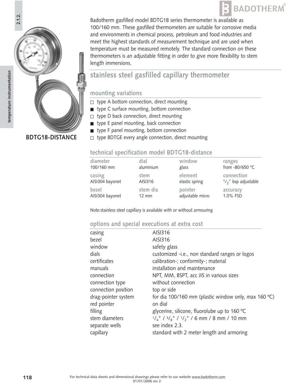 BDTG18-Distance - Stainless steel capillary thermometer - Badotherm Group