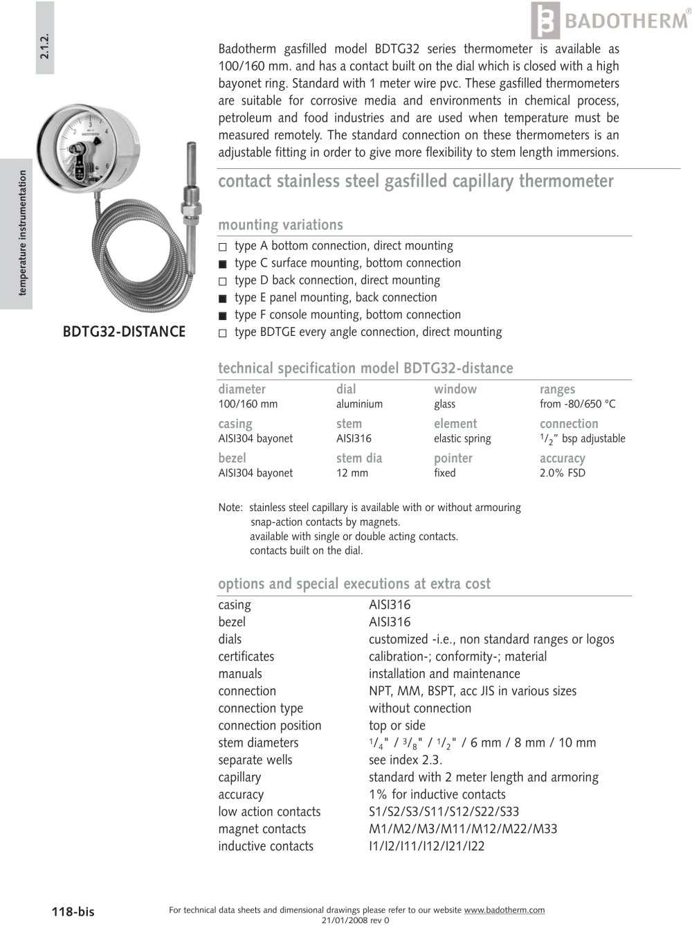 BDTG32 - contact stainless steel gasfilled capillary thermometer - Badotherm Group