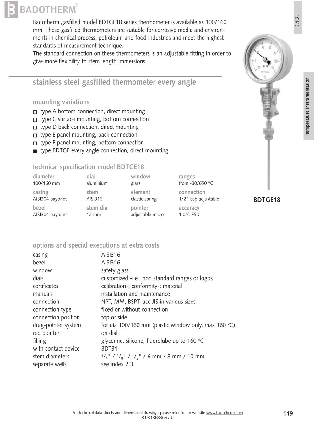 BDTGE18 - Stainless steel gasfilled thermometer every angle - Badotherm Group