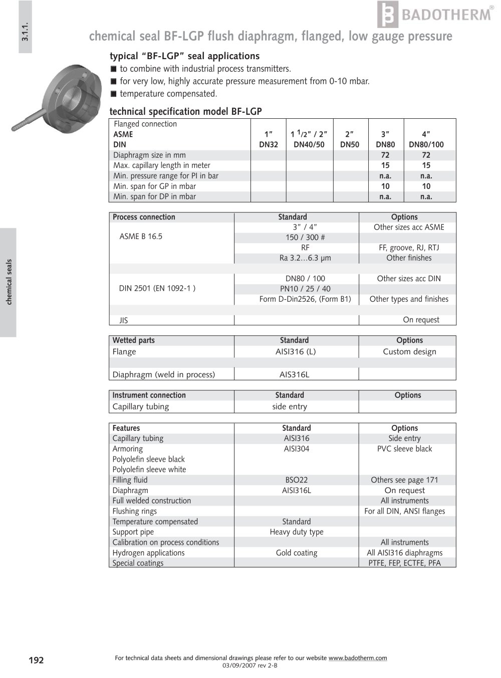 BF-LGP - Low gauge pressure chemical seal with flush diaphragm - Badotherm Group