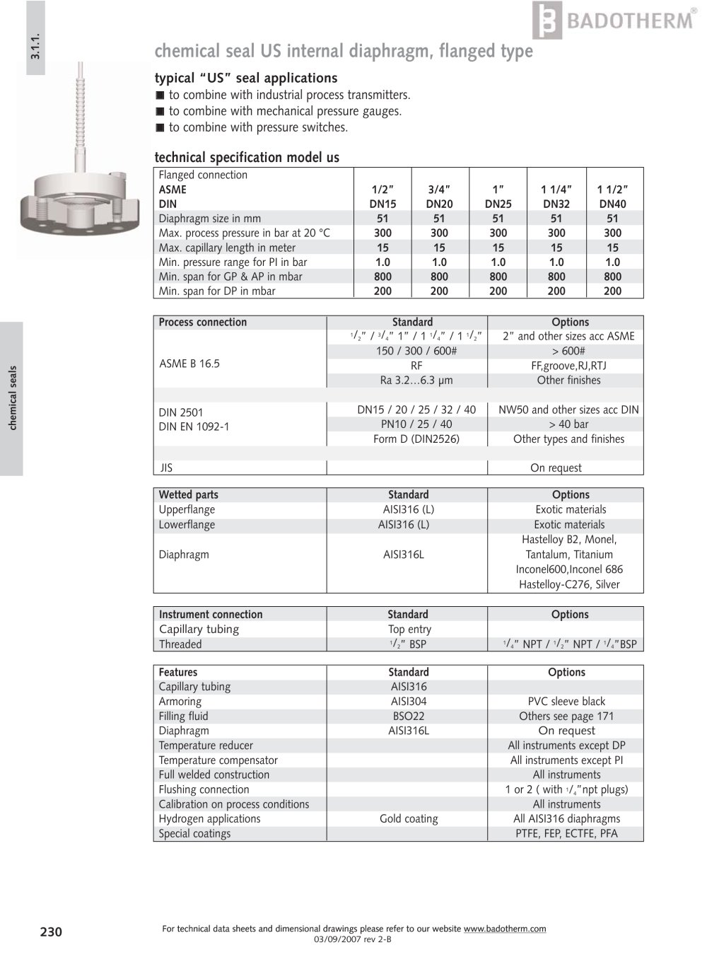 US - internal diaphagm chemical seal flanged type - Badotherm Group