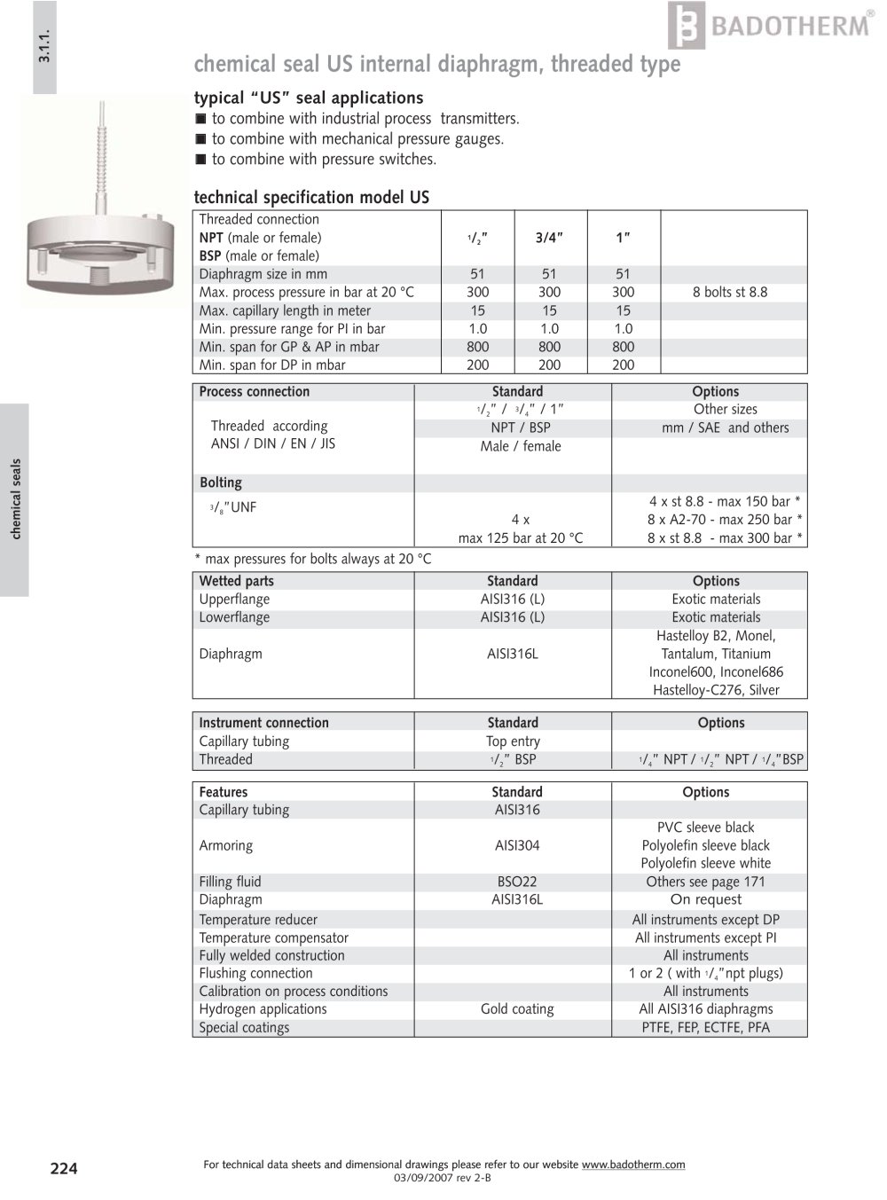 US - Internal diaphragm chemical seal threaded type - Badotherm Group