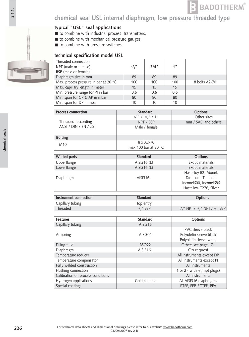 USL - Low pressure, internal diapragm chemical seal threaded type - Badotherm Group