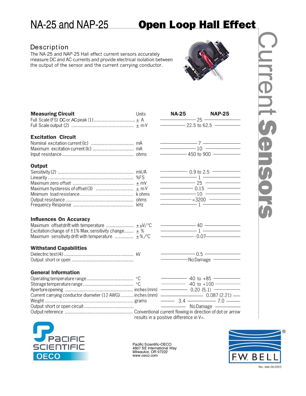 F.W. Bell Open Loop Current Sensors NA-25 - Sypris T&M - FW Bell