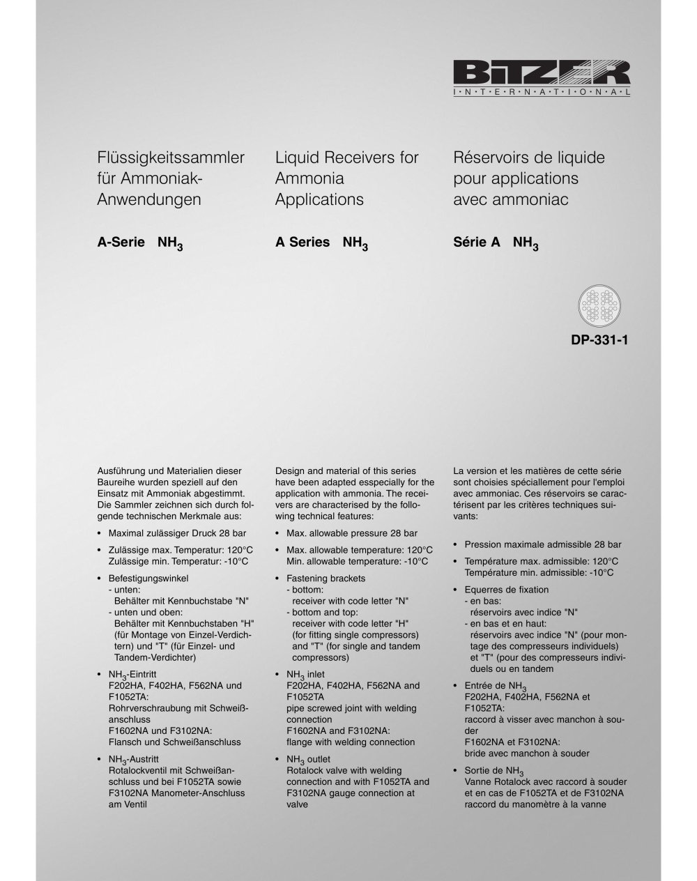 Liquid Receivers for Ammonia Applications - A Series NH3  DP-331-1 - BITZER