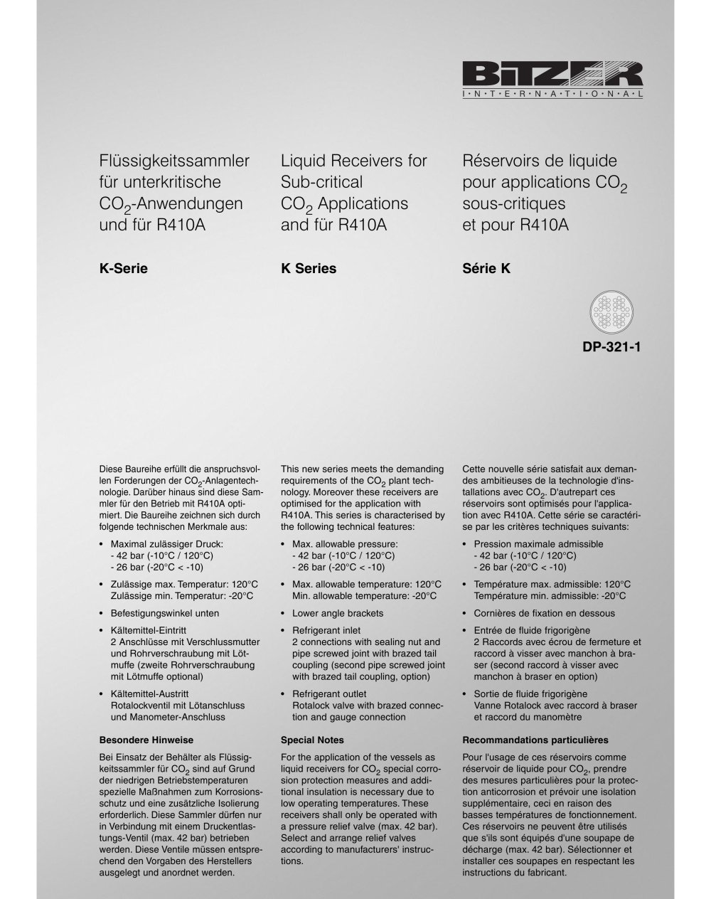 Liquid Receivers for Sub-critical CO2 Applications and for R410A - K Series  DP-321-1 - BITZER
