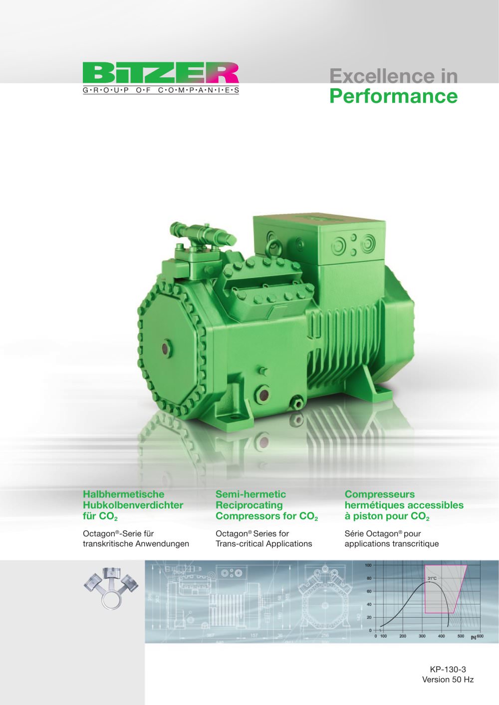 Semi-hermetic Reciprocating Compr. for CO2 - Octagon Series for trans-critical appl. KP-130-3 - BITZER