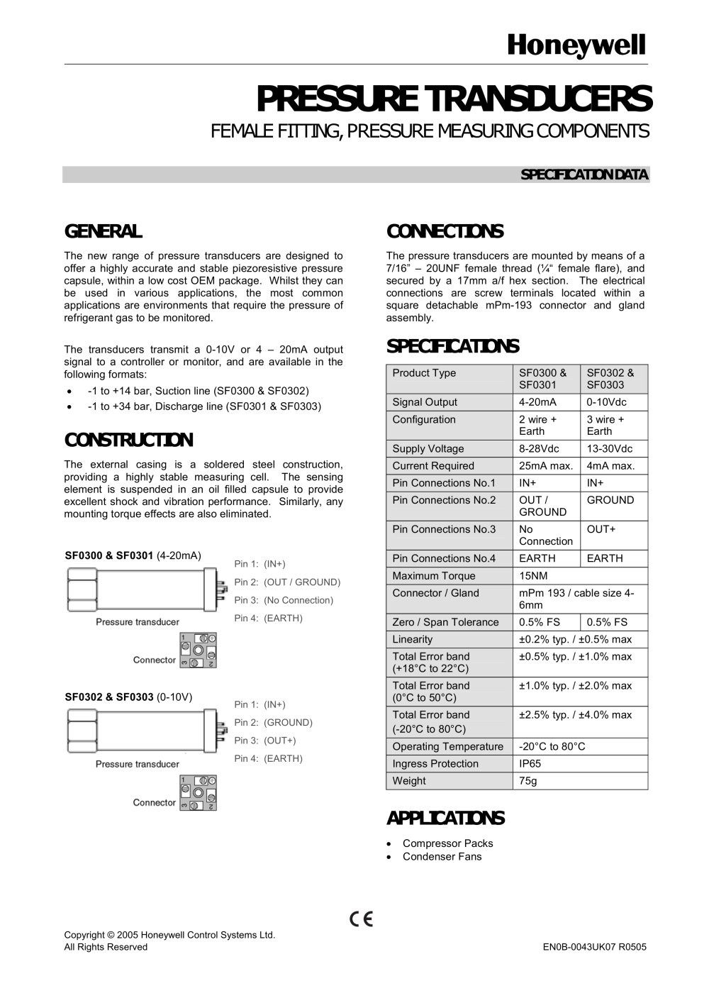 PRESSURE TRANSDUCERS - Honeywell Environmental & Combustion Controls EMEA