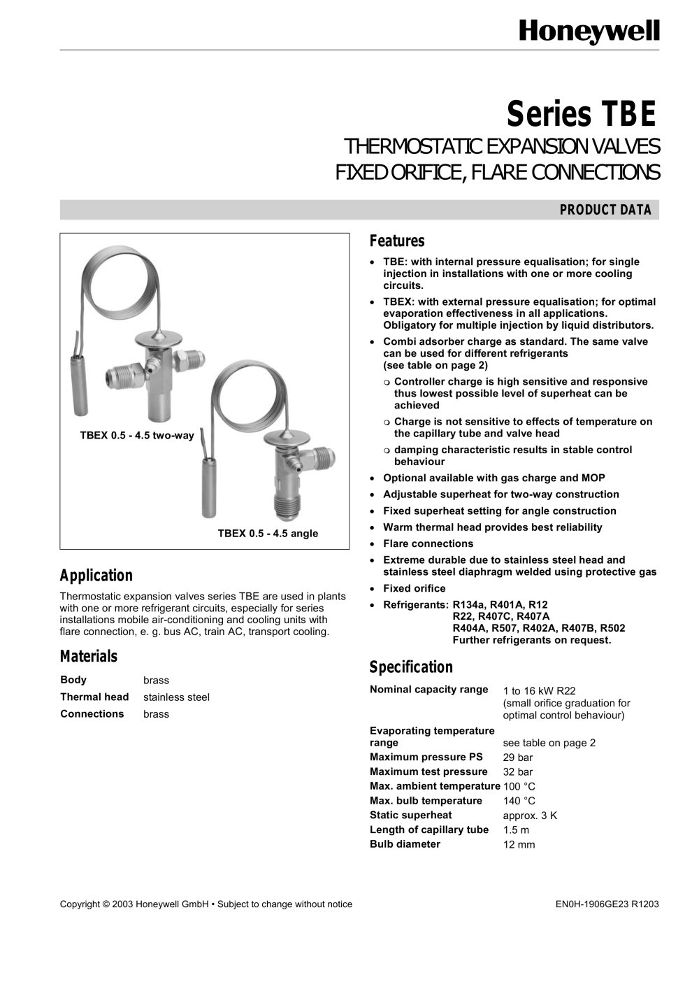 TBE Valve Datasheet - Honeywell Environmental & Combustion Controls EMEA