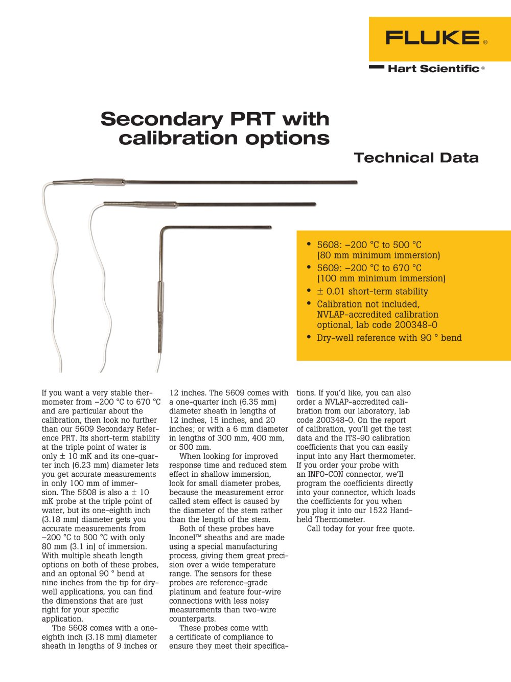 Secondary PRT with Calibration Options - 5608 and 5609 - Fluke Calibration Instruments - Hart Scientific