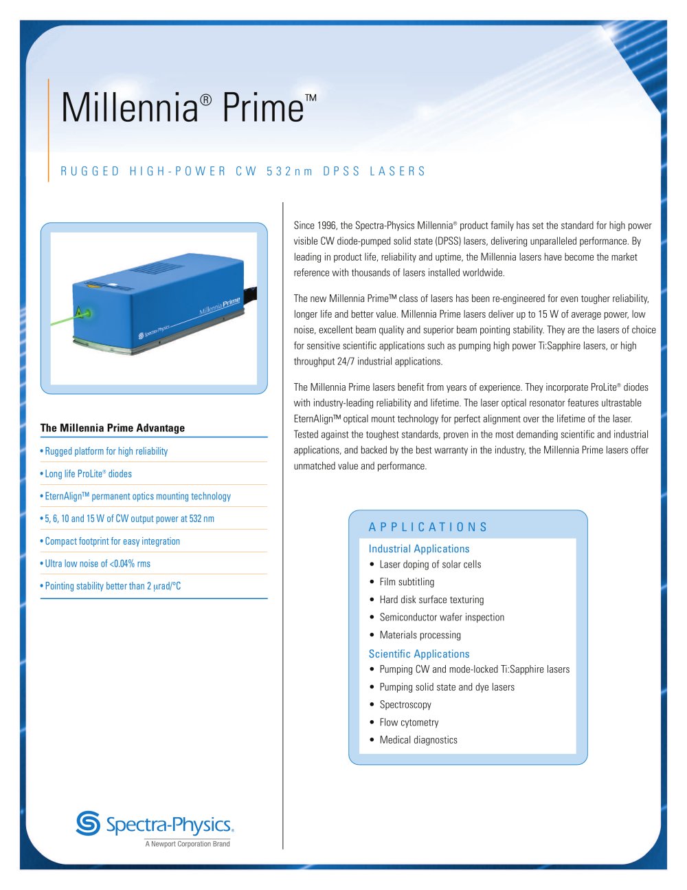 Millennia Prime DPSS CW Laser, 532 nm - Newport / Spectra-Physics