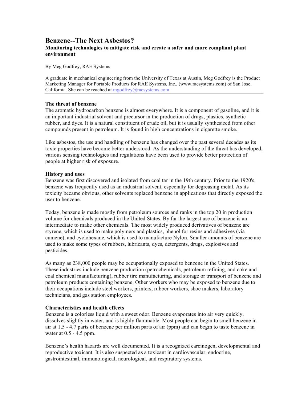 Benzene - The Next Asbestos? - RAE Systems Inc