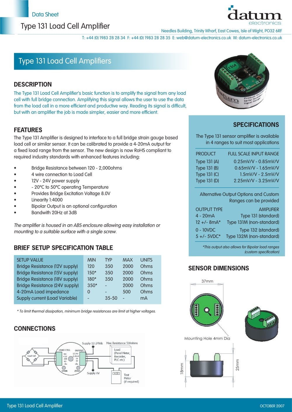 Type 131 Load Cell Amplifier - Datum Electronics - PDF Catalogue ...