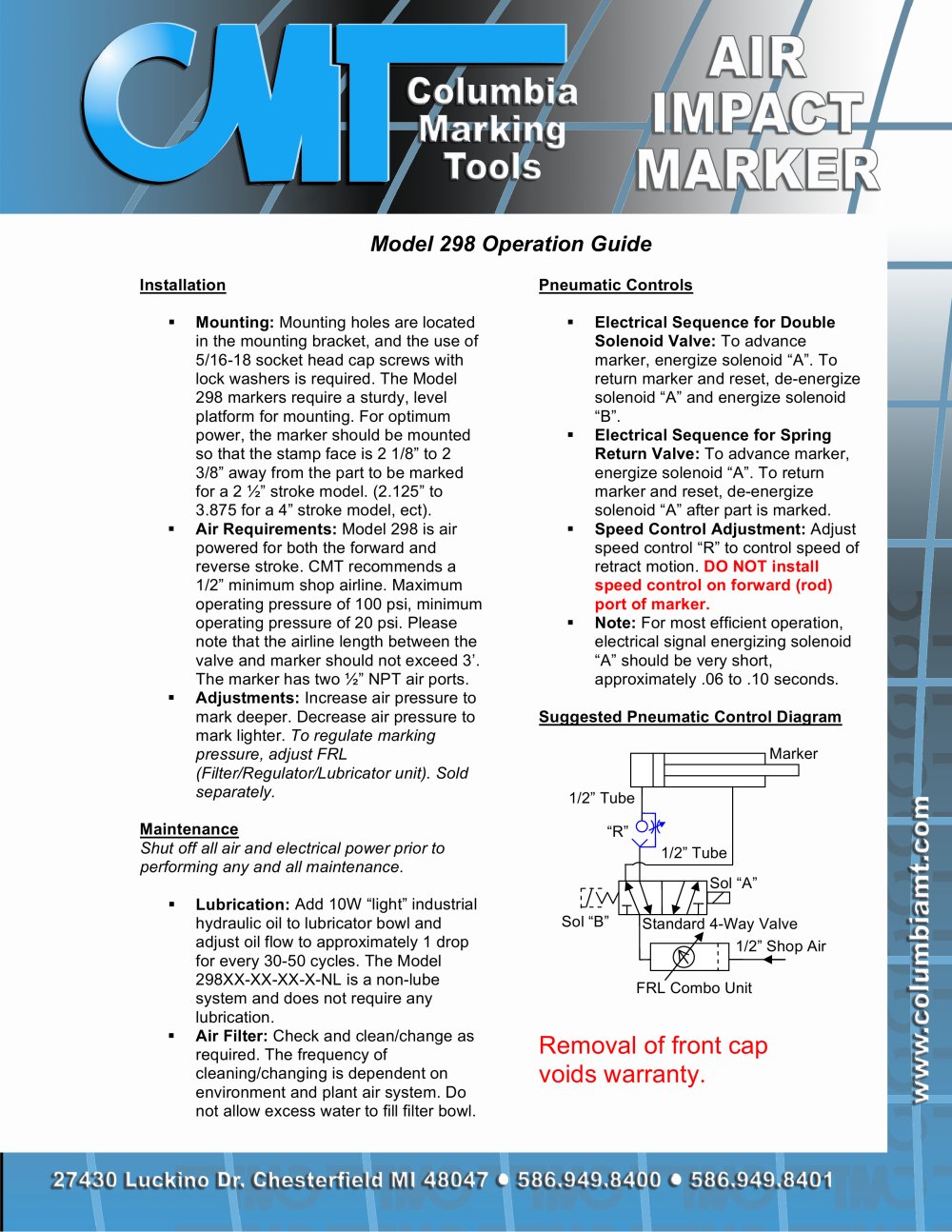 Double Acting Air Impact Marker Model 298 Operation Guide and Parts List - Columbia Marking Tools