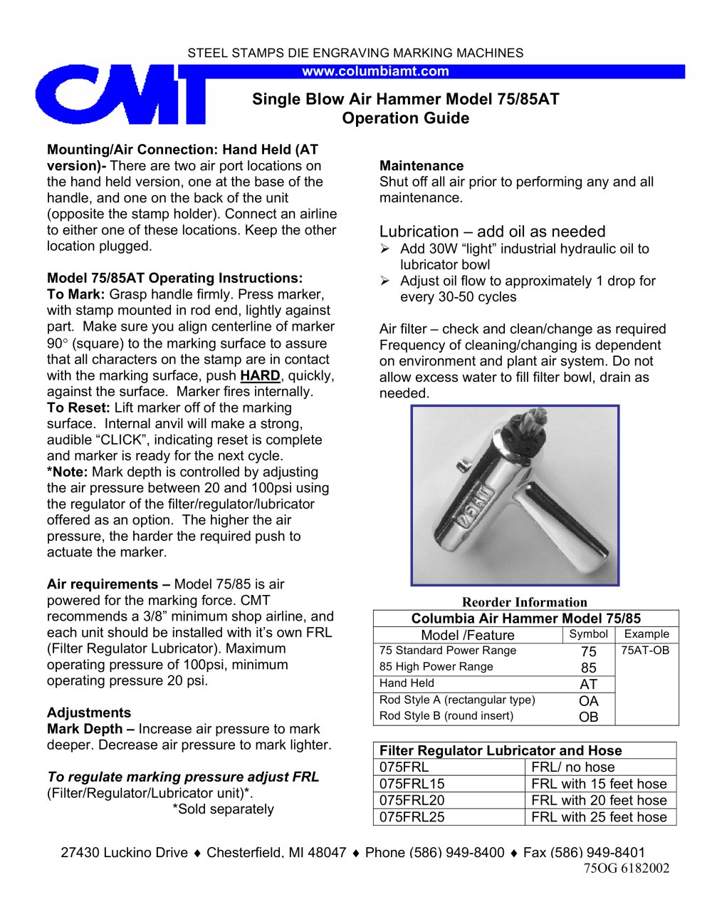 Single Blow Air Hammer Model 75/85AT Operation Guide - Columbia Marking Tools