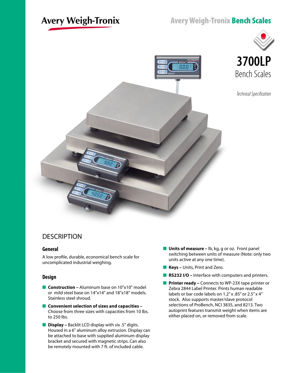 3700LP Series Bench Bases - Avery Weigh-Tronix