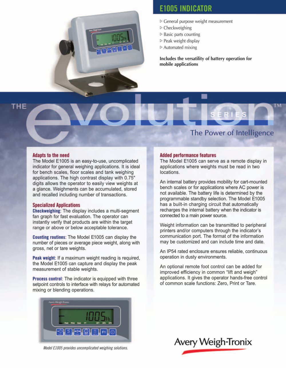 Model E1005  for bench scales, floor scales and tank weighing applications - Avery Weigh-Tronix