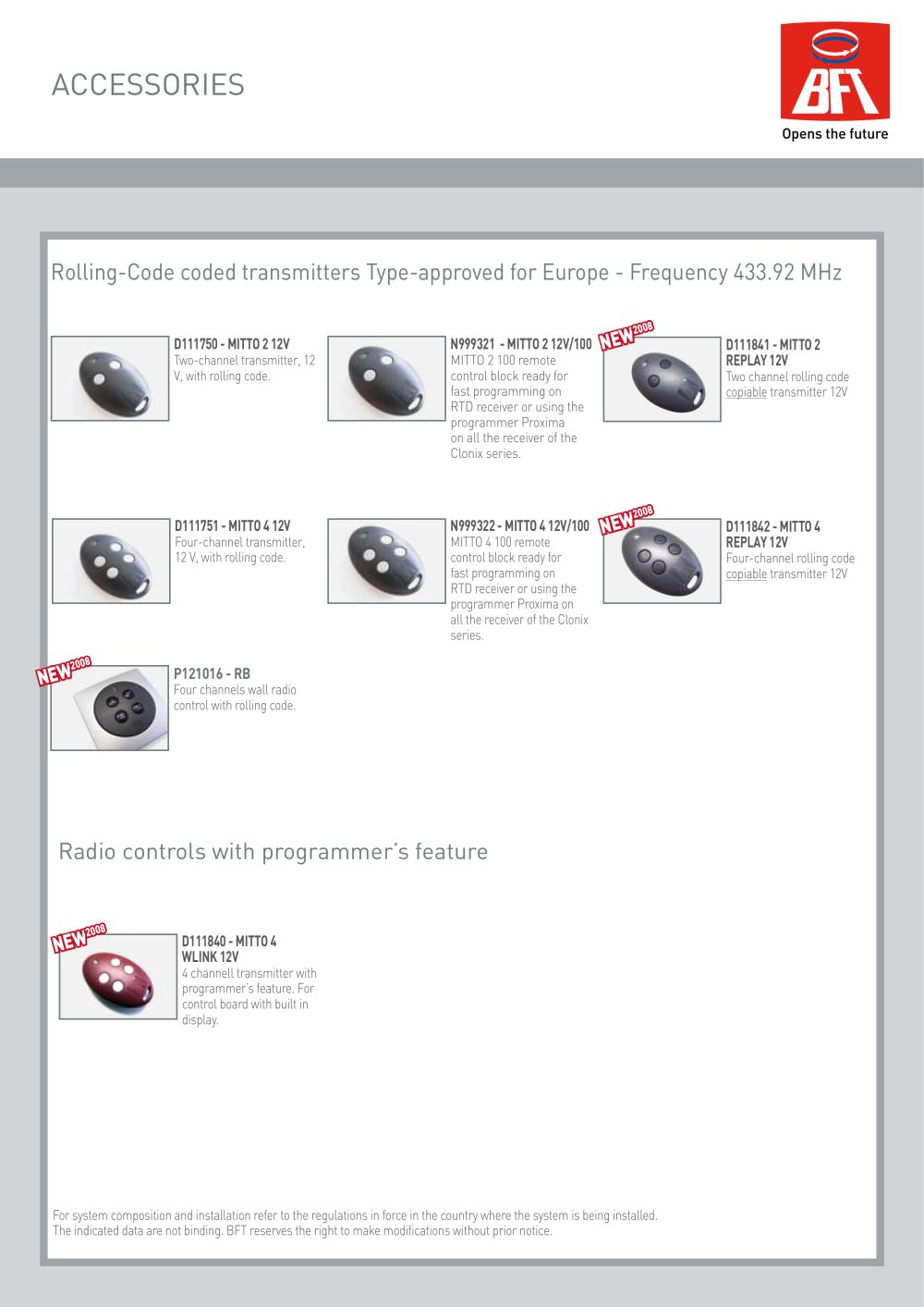 Rolling code transmitters - BFT