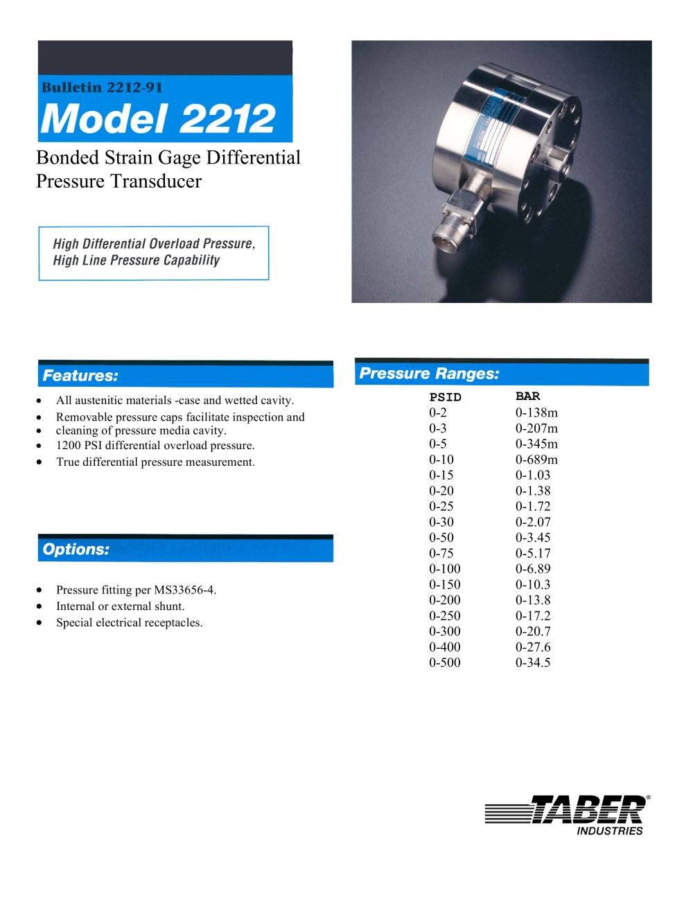 Differential Pressure Measurement Model 2212 - Taber Industries