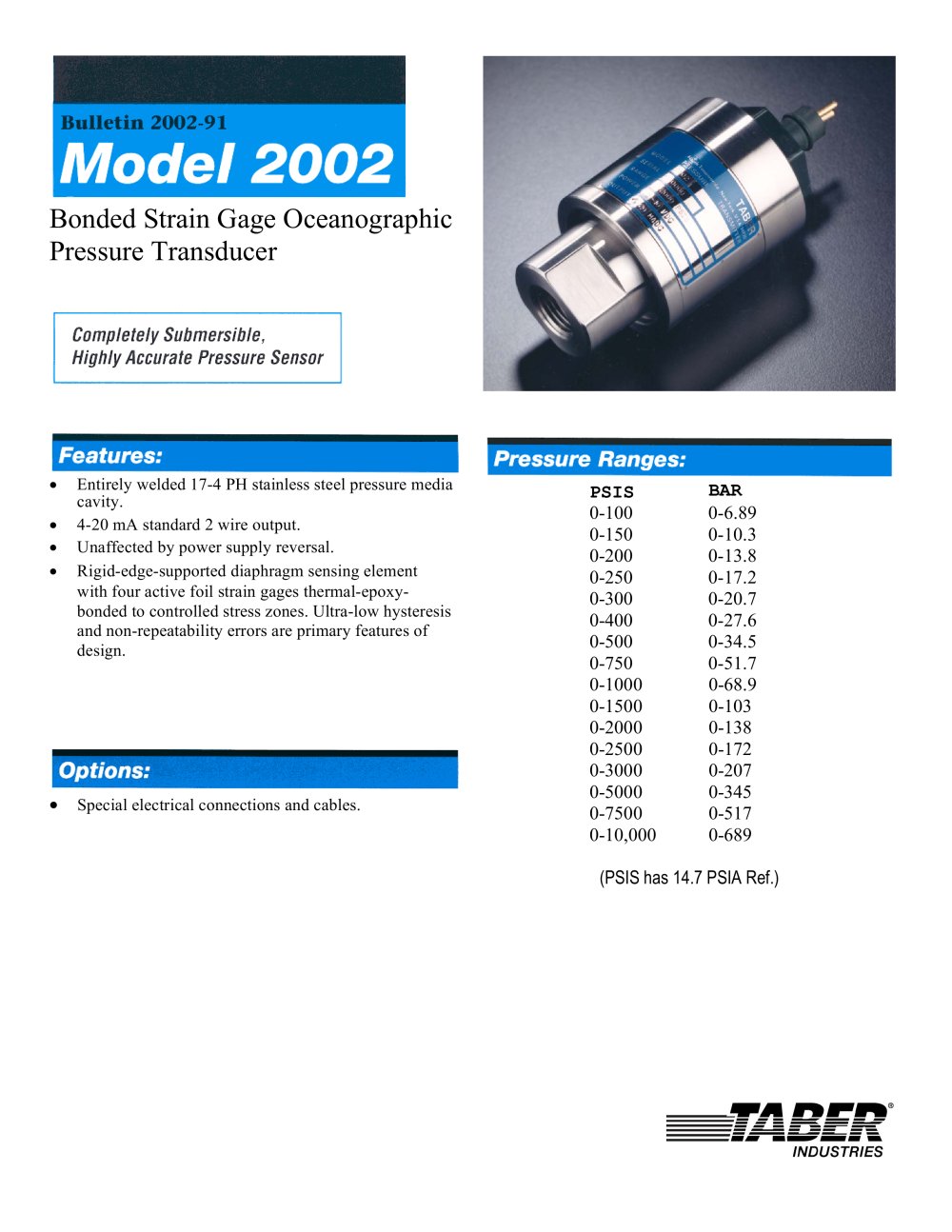 Ocean Submersible/Oceanographic Pressure Transducers Model 2002 - Taber Industries
