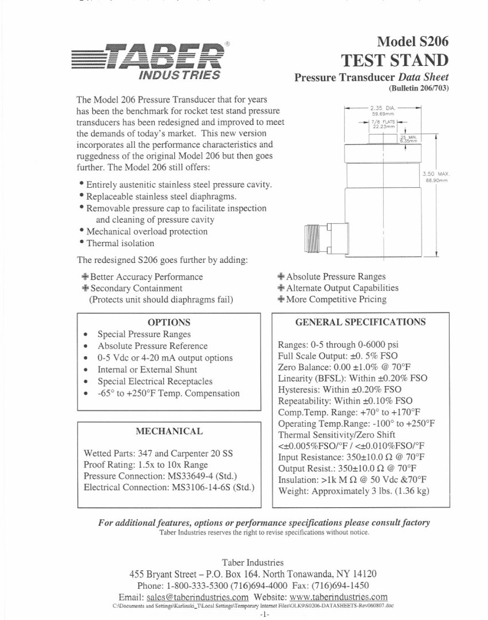Taber Ground Support Transducers Model S206 - Taber Industries