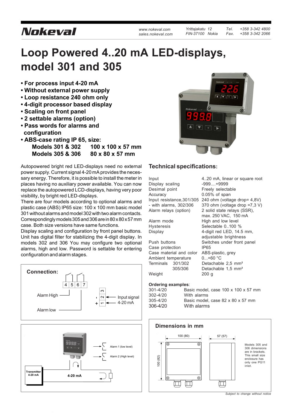301 Loop powered display 4-20 mA, field enclosure - Nokeval