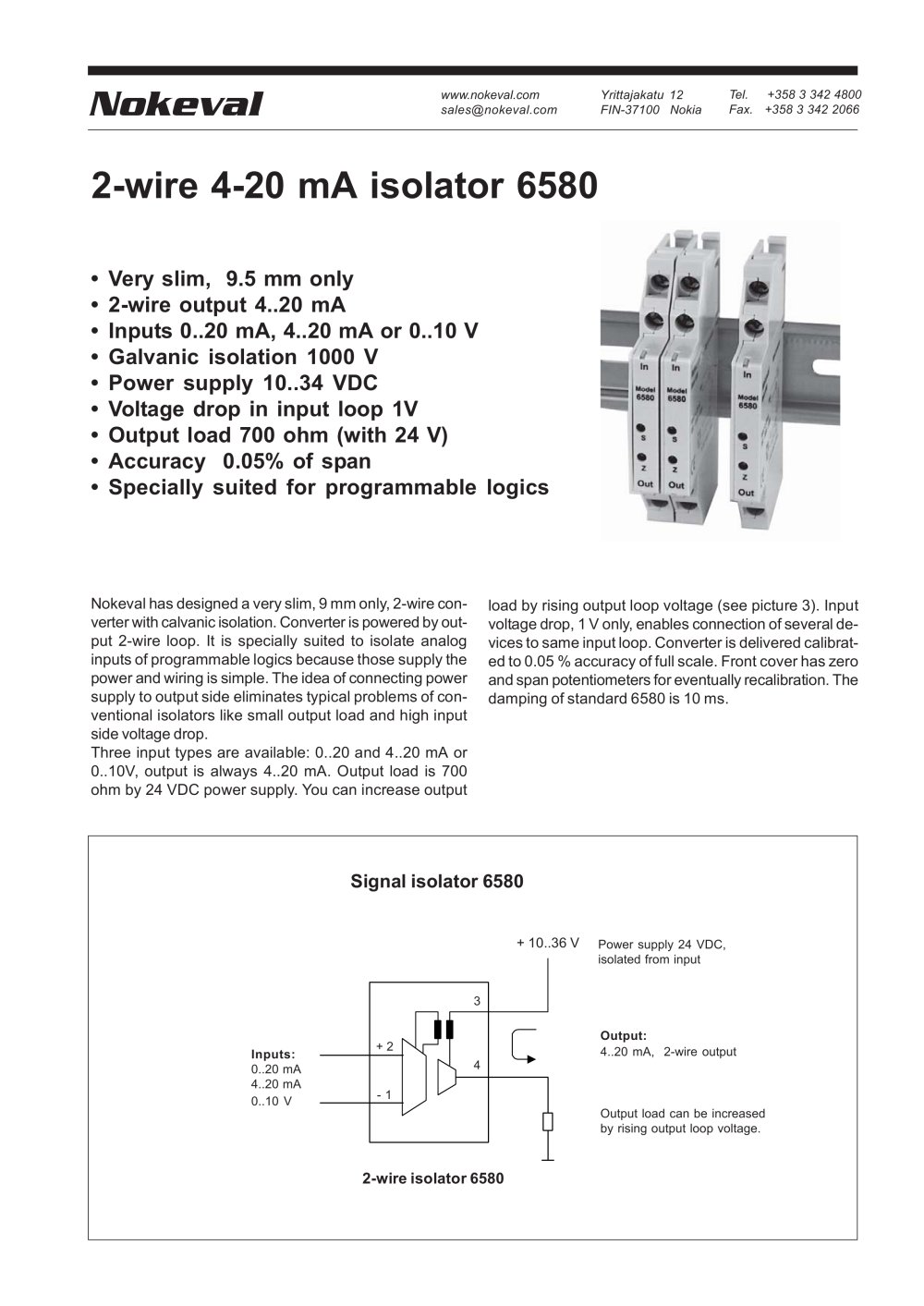 6580 two-wire 4-20 mA isolator - Nokeval