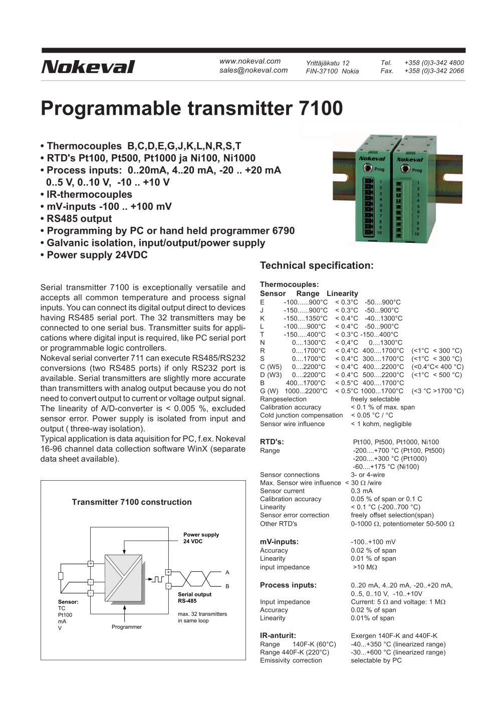 7100 Programmable transmitter to RS-485 bus - Nokeval