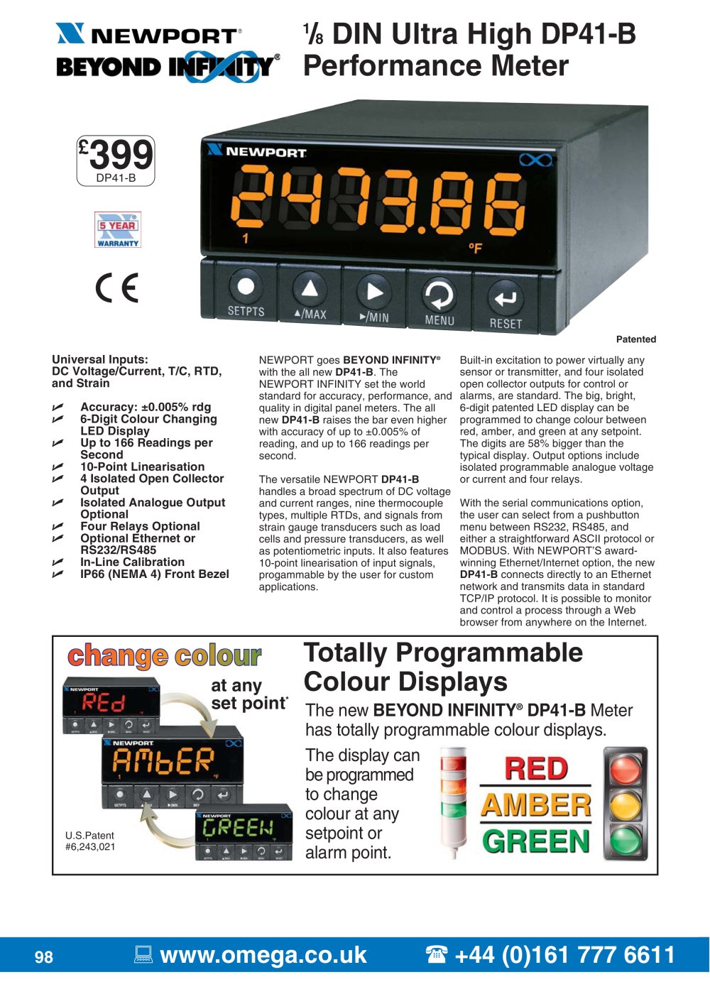1/8 DIN High Accuracy 6 Digit Panel Meter DP41-B - OMEGA