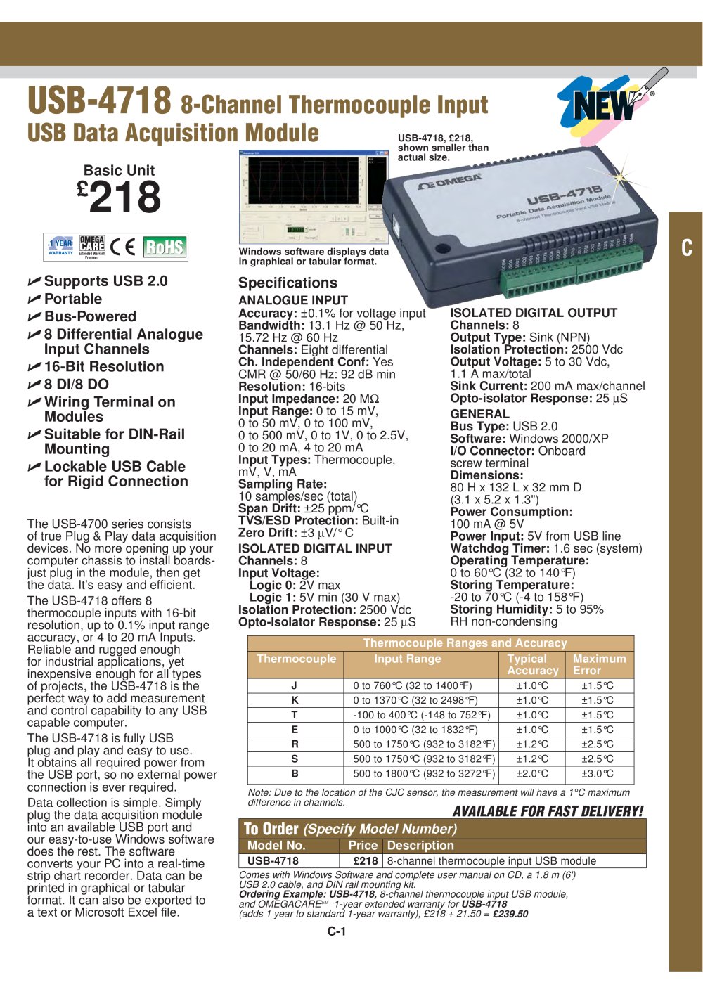 8-Channel Thermocouple, mV, V and mA Input USB Data Acquisition Module USB-4718 - OMEGA