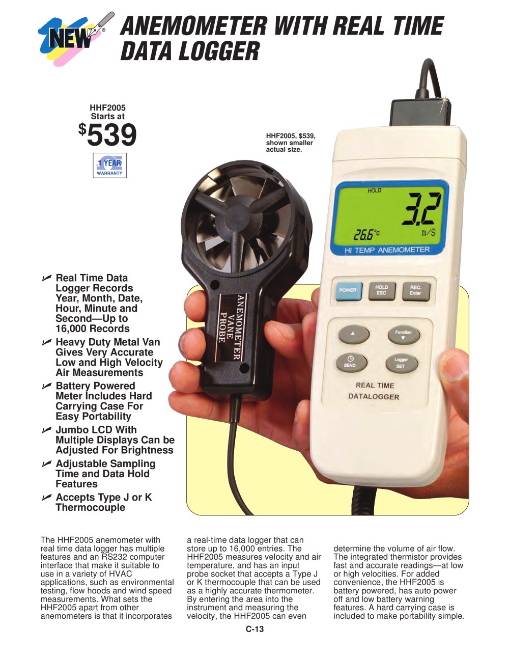 Anemometer with Real-Time Data Logger  HHF2005 - OMEGA