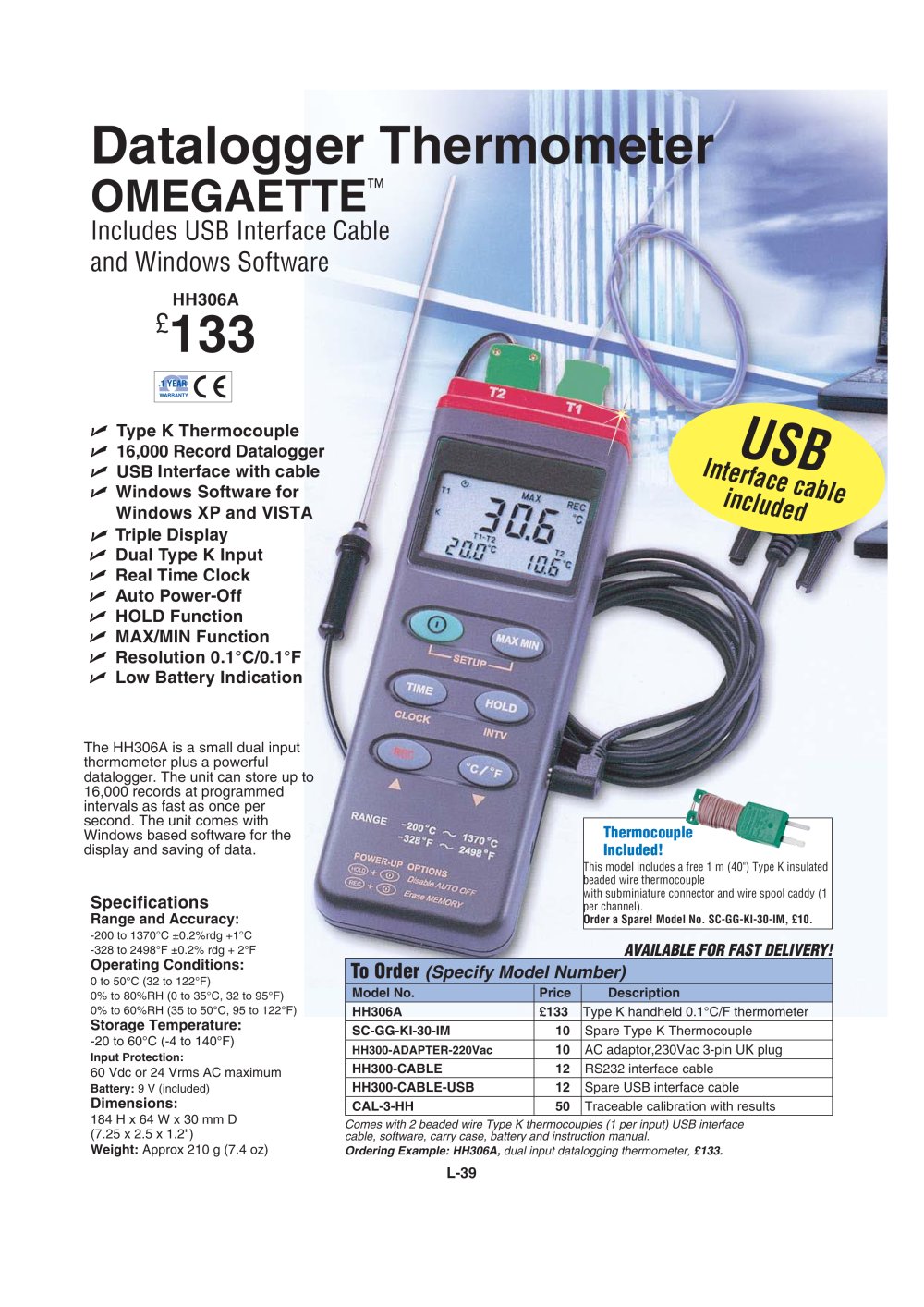 Datalogger Thermometer with USB and RS232   HH306A - OMEGA