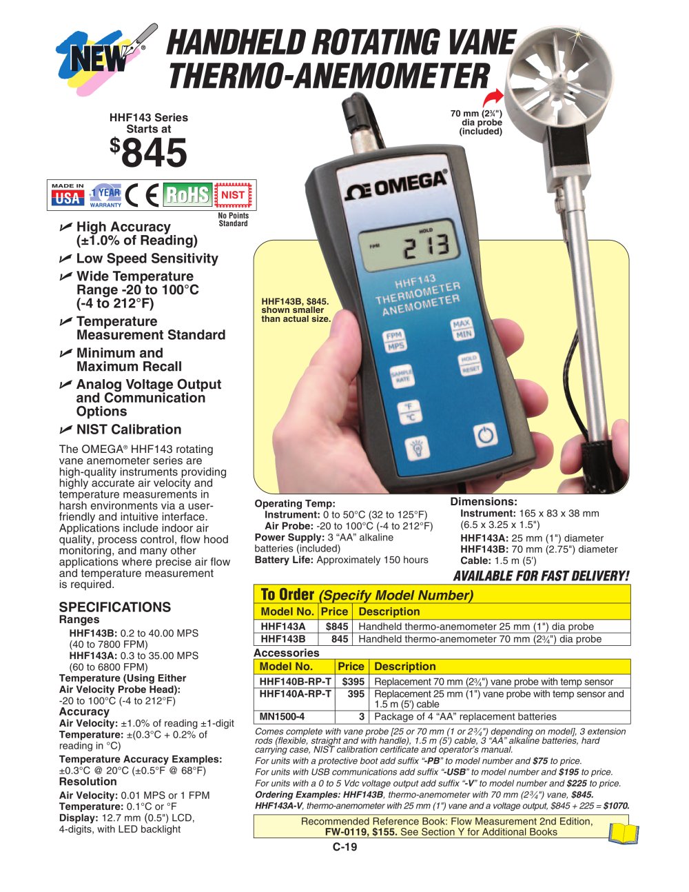 Handheld Rotating Vane Anemometer and Thermometer  HHF143 Series - OMEGA