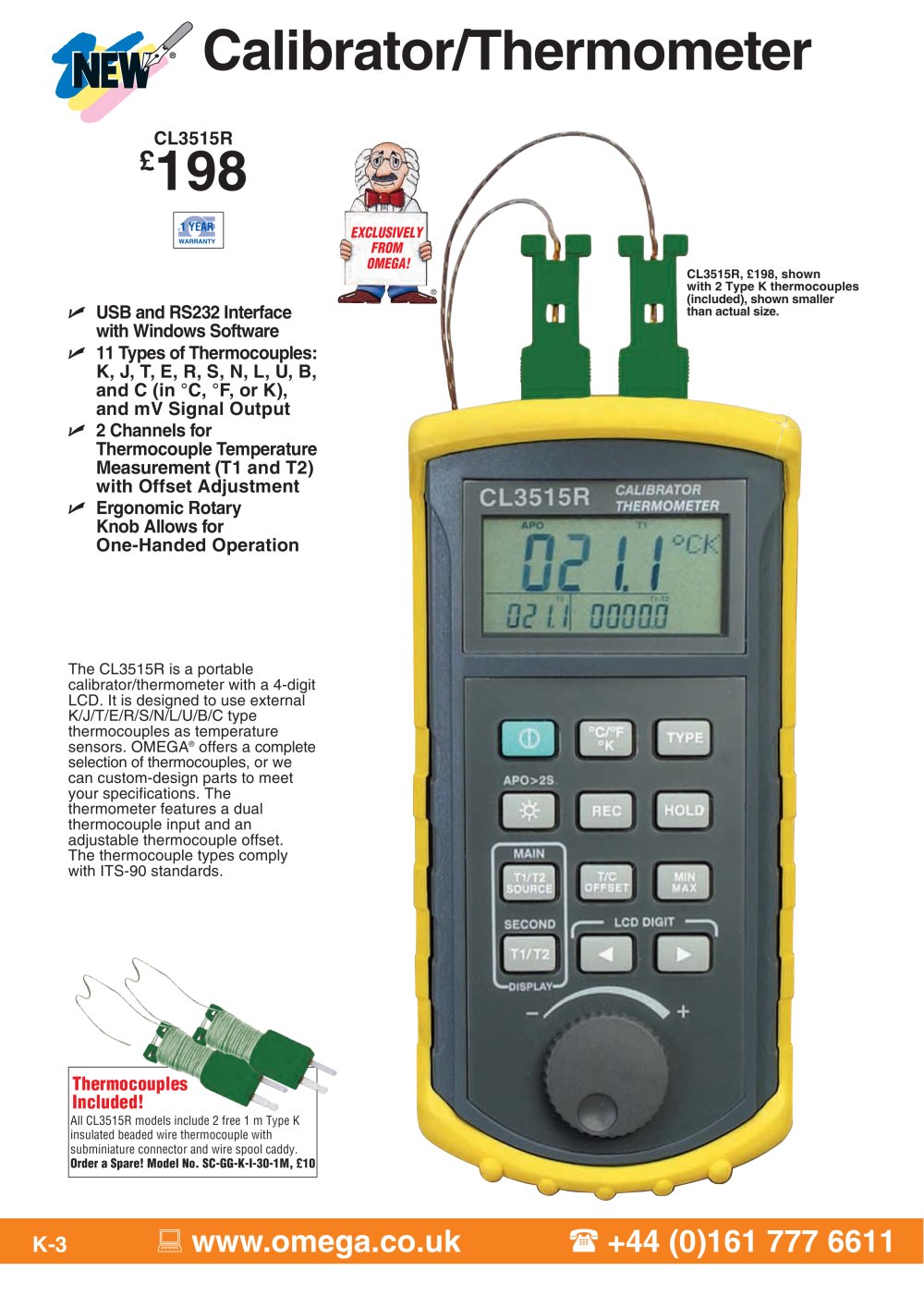 Handheld Thermocouple Simulator/Thermometer with USB  CL3515R - OMEGA
